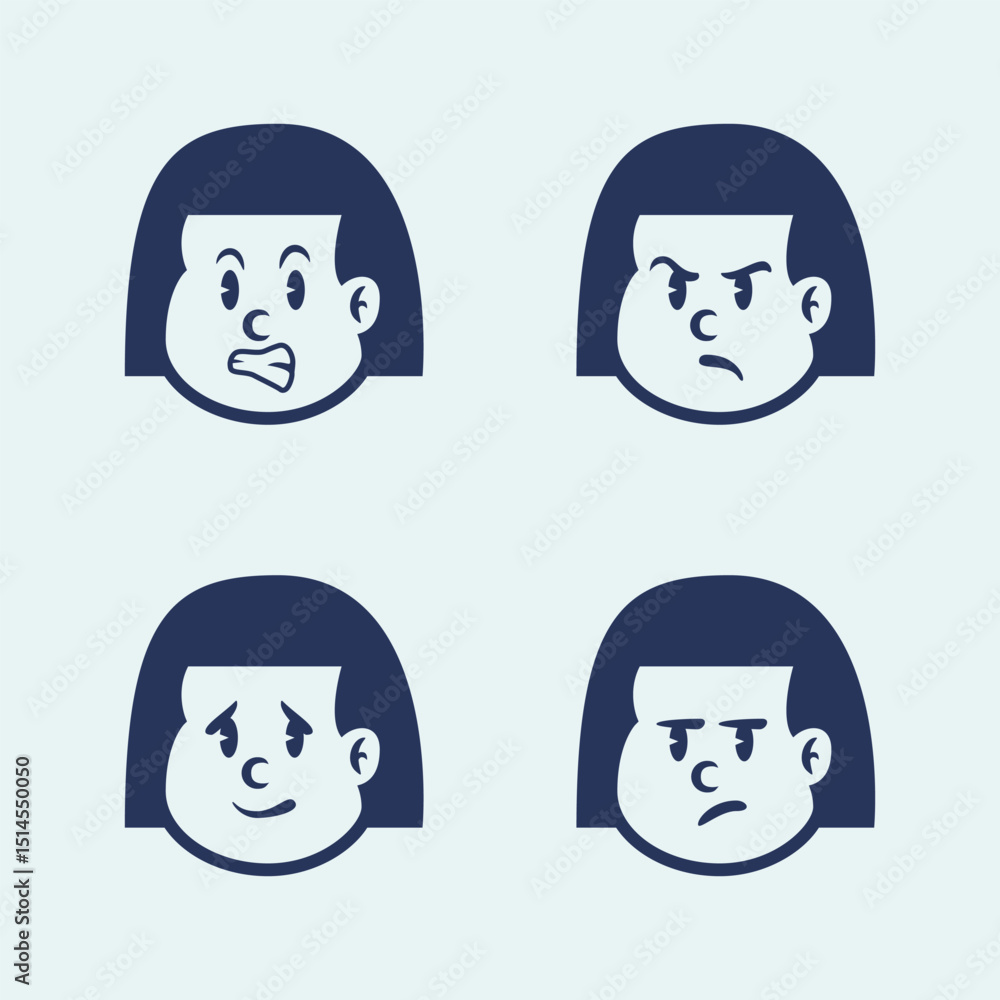 Vector cartoon of a little girl with straight hair showing 4 emotions: happy, cheerful, talking, and sad. Perfect for education, UI emoji packs, or emotional learning content Vector cartoon of a little girl with straight hair showing 4 emotions: happy, cheerful, talking, and sad. Perfect for education, UI emoji packs, or emotional learning content