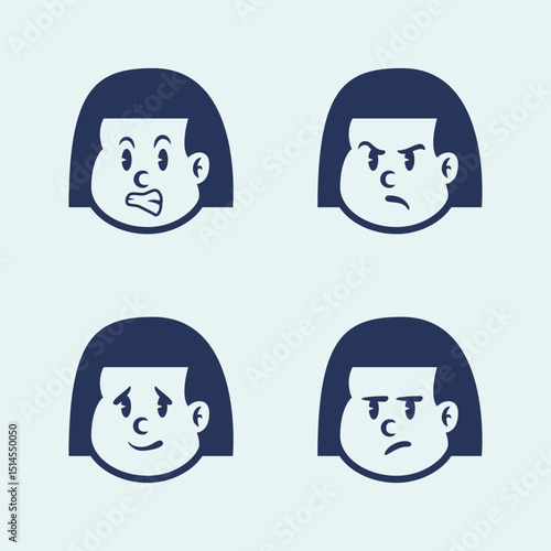 Vector cartoon of a little girl with straight hair showing 4 emotions: happy, cheerful, talking, and sad. Perfect for education, UI emoji packs, or emotional learning content