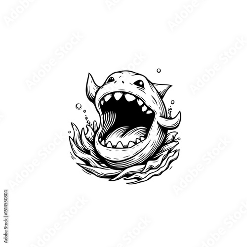 Cartoon shark with open mouth amidst turbulent water, creating a striking and dynamic imagery