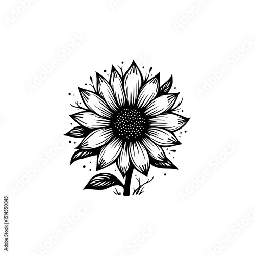 Monochrome sunflower illustration on white backdrop displaying floral elegance