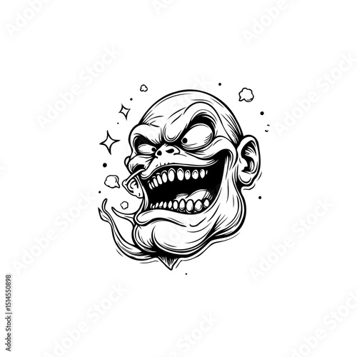 Grinning grotesque head illustration with exaggerated features and dark humor depiction