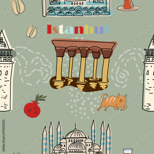 Seamless pattern symbols of turkey, hand drawn vector illustration, stickers.