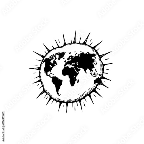 Spiky world map drawing symbolizing global challenges and environmental concerns