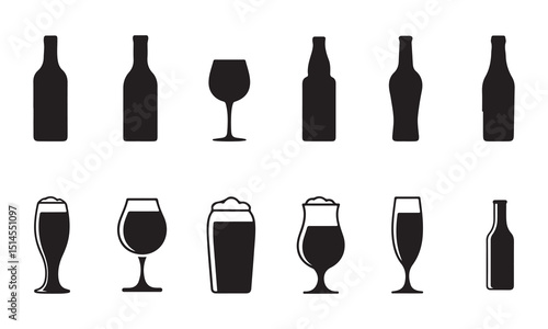 A collection of black silhouette icons representing various beverage containers and glasses.