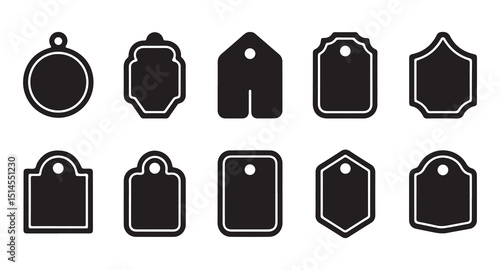 Collection of diverse tag shapes in a simple black and white style, perfect for craft projects, design templates, or digital use.