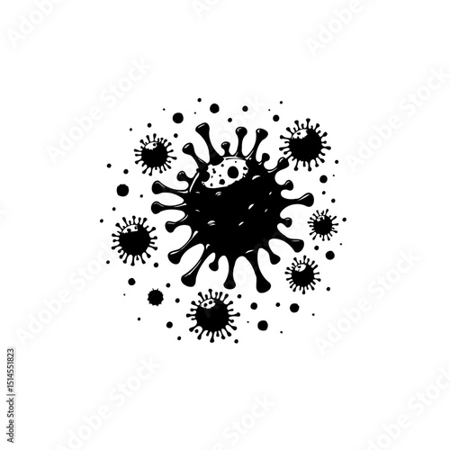 Monochrome depiction of viral entities, emphasizing pandemic awareness and scientific visualization