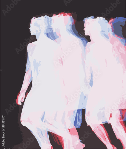 Art series of painted illustrations, afterimage, human movement, concept, dreamlike, motion blur, blurred, people in motion, constant motion, conceptual, set, glitch art, grunge, neon, artistic