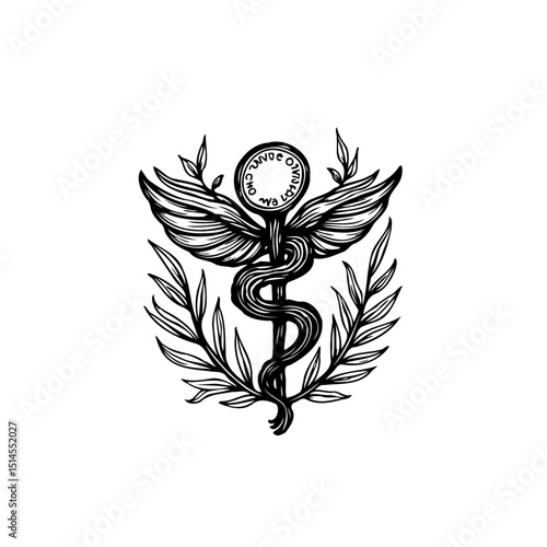 Black and white illustration of caduceus symbol with wings and laurel leaves