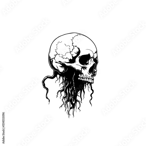Monochrome skull illustration with flowing tendrils for gothic or macabre themes