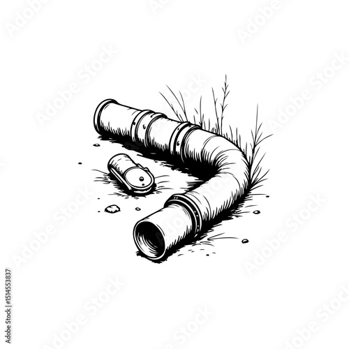 Abandoned Pipe Sketch: Black and White Illustration of Discarded Plumbing Component