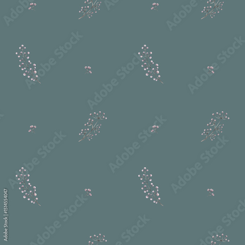 pattern with watercolor twigs with berries on a dark green background