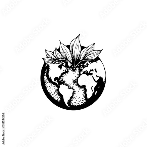 Monochrome vector illustration showing earth with leaves:  a symbol for growth