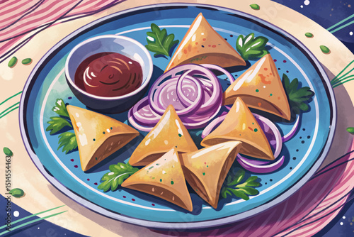 Amazing Spicy Potato Samosas with Ketchup and Sliced Onions in Plate vector illustration