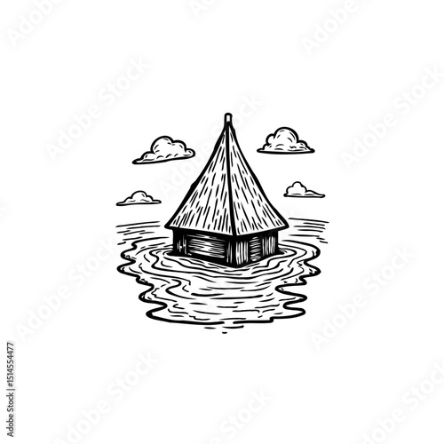Illustration of a flooded house surrounded by water with clouds in the background