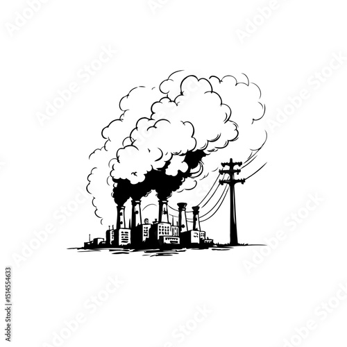 Industrial pollution illustration depicting environmental issues and power infrastructure