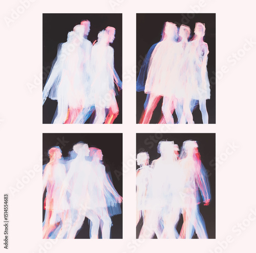 Art series of painted illustrations, afterimage, human movement, concept, dreamlike, motion blur, blurred, people in motion, constant motion, conceptual, set, glitch art, grunge, neon, artistic