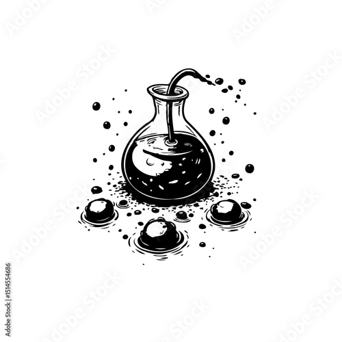 Mysterious black liquid experiment inside glass beaker with surrounding droplets and splashes