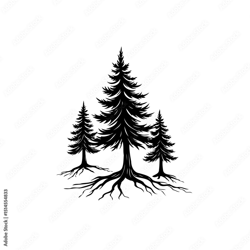 Obraz premium Silhouette Illustration of Evergreen Trees with Exposed Roots on White Background
