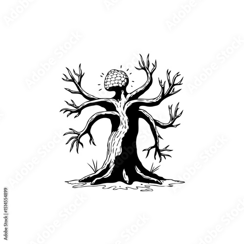 Unique Tree-Person Hybrid Illustration in Black and White, Fantasy concept