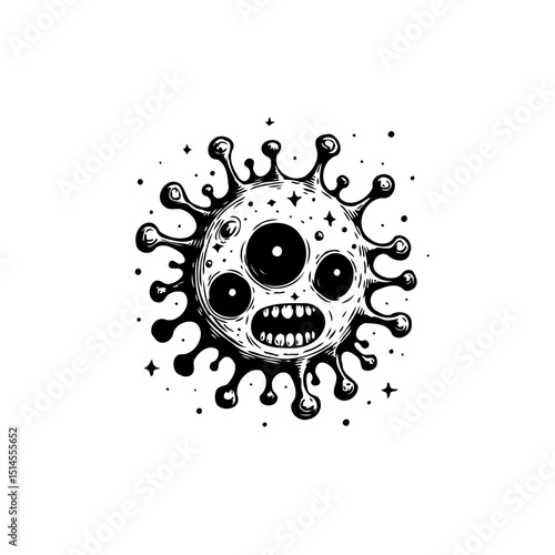 Cartoonish depiction of a virus with expressive eyes and teeth, artistic style
