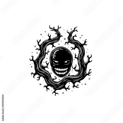 Mysterious Skull Illustration Framed by Spooky Branches and Stars, Perfect for Halloween