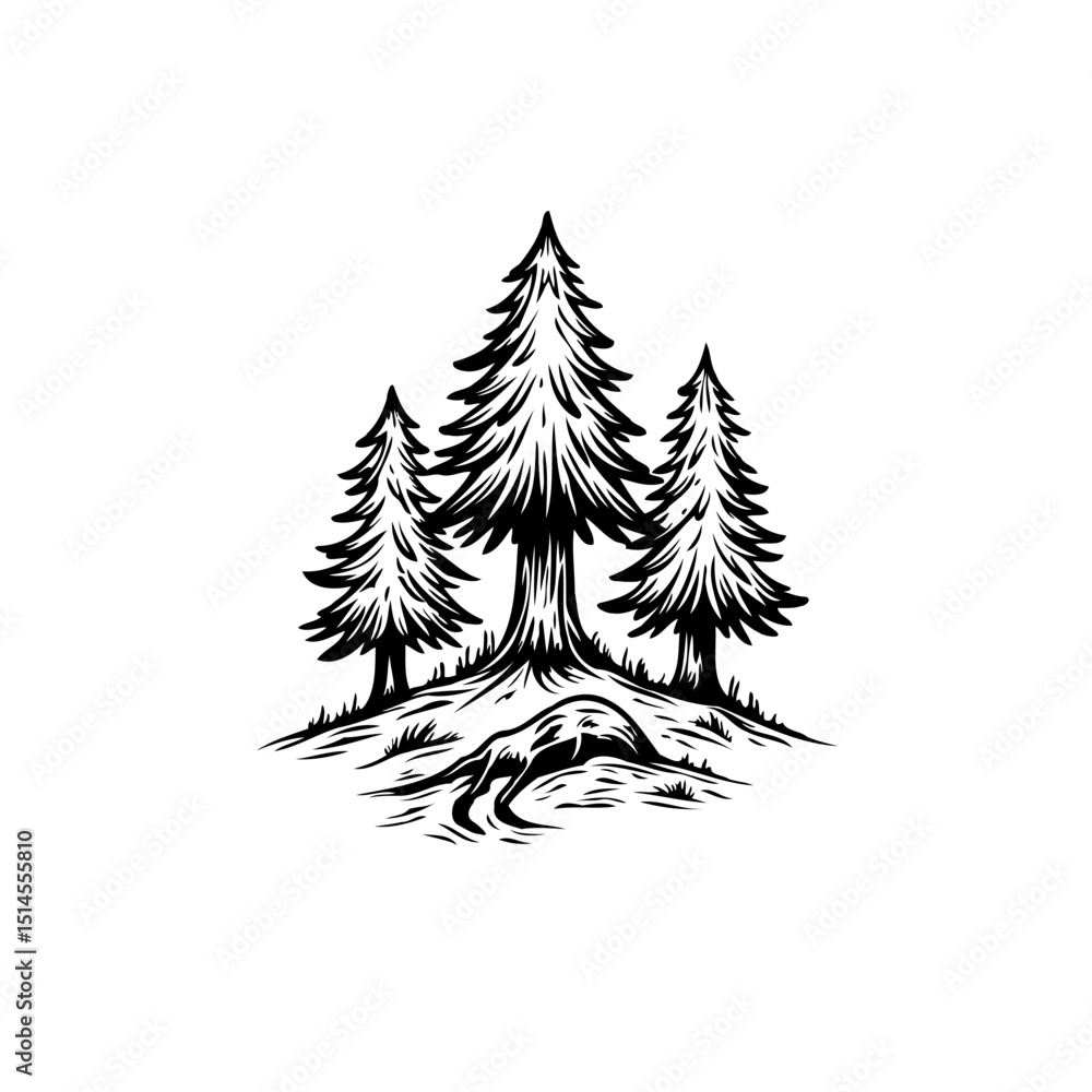 Obraz premium Monochrome Illustration of Three Pine Trees in a Natural Landscape with a Stream