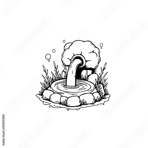 Enigmatic monochrome fountain illustration capturing nature's flow and tranquility