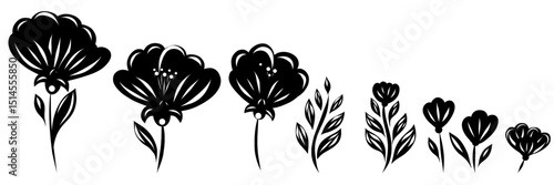 Vector set of clip arts of tracery monochrome poppies and leaves. Decorative black silhouette floral collection