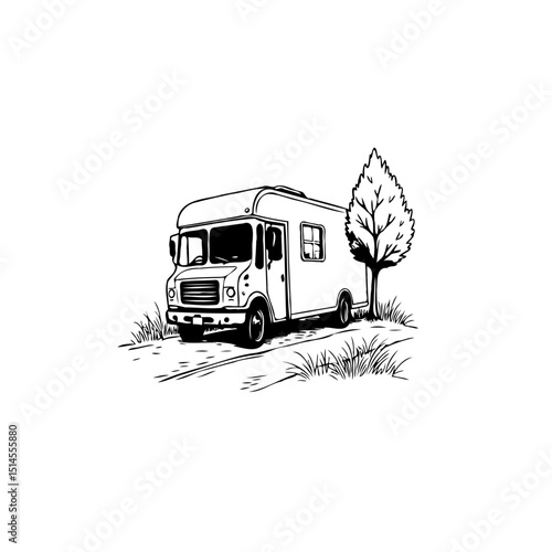 Whimsical camping vehicle illustration featuring a vintage campervan with a tree