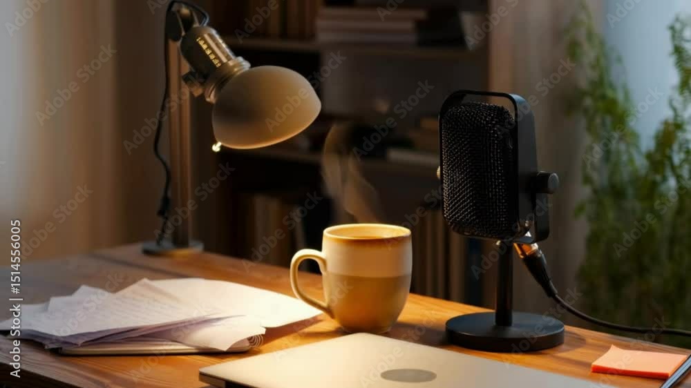 Desk setup lamp coffee mug with steam microphone laptop  notes