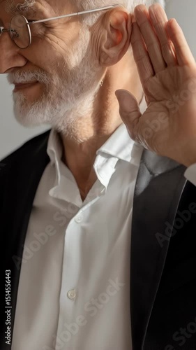 Mature adult man in formal attire cupping hand behind ear attempting to hear with listening gesture and facial expression indoors.