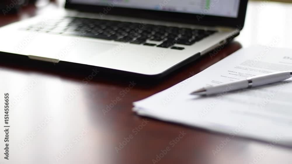Laptop with keyboard visible documents and a pen are on a dark shiny desk Laptop with keyboard visible documents and a pen are on a dark shiny desk