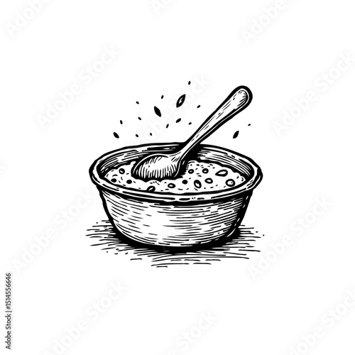Hand-drawn illustration of a bowl of cereal with a spoon, simple and minimalist