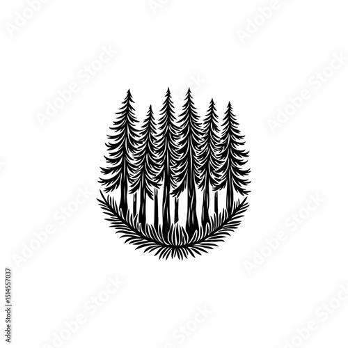 Monochrome Illustration of a Dense Pine Forest in a Circular Arrangement