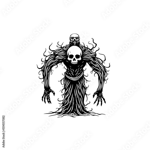 Creepy dark monster with skulls illustration creating haunting silhouette art