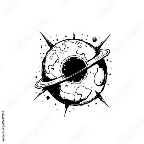 Monochrome illustration of a celestial body resembling earth surrounded by spikes