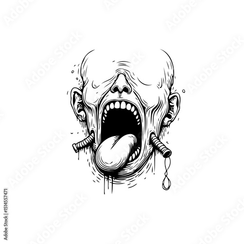 Disturbing surreal illustration of a head with open mouth and protruding tongue