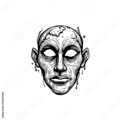 Monochromatic illustration of a distorted human face with abstract textures and lines