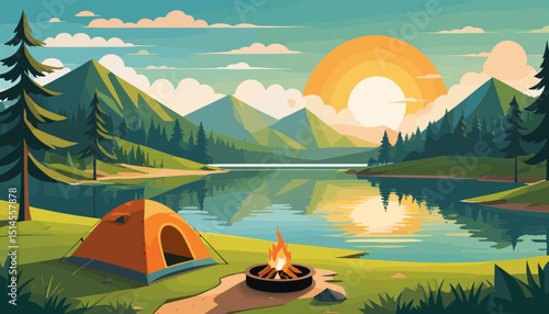 Scenic Mountain Lake Sunrise with Tent and Campfire in Tranquil Forest Landscape Illustration