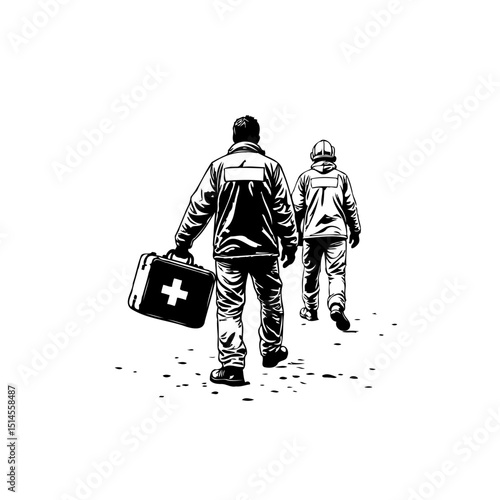 Emergency Response Team: Two Medics Walking with First Aid Kit in Black and White