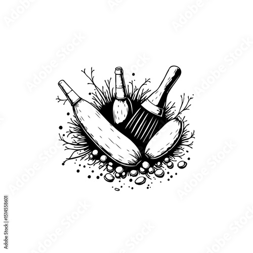 Stylized illustration of gardening tools: trowel, small spade, and rake on grass