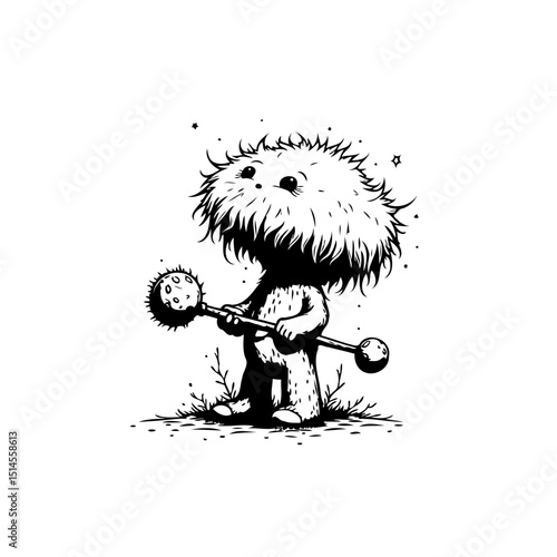 Whimsical furry creature wielding a mace in a cute black and white illustration