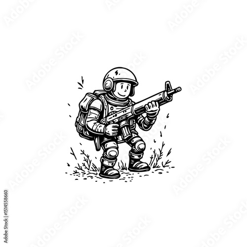 Cartoon soldier character with rifle, black and white vector illustration