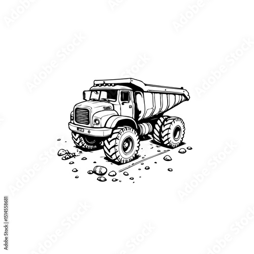 Cartoon heavy-duty dump truck illustration on white background, black and white art