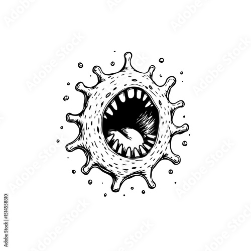 Cartoonish depiction of a virus or bacteria with a gaping mouth and sharp teeth