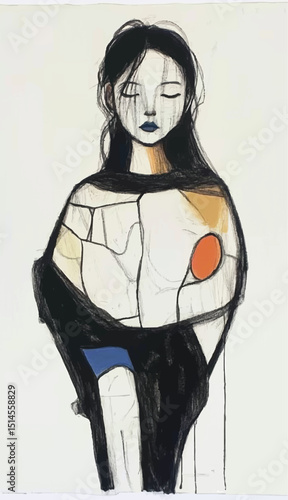 Geisha, portrait, vector, illustration, life drawing, abstract art, geometric, artistic, creative, modern art, black lines, charcoal, ink, hand drawn, hand painted, woman, girl, beauty