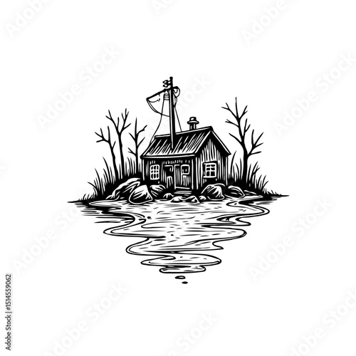 Illustrative Sketch of Isolated Cabin on a Small Island Surrounded by Water