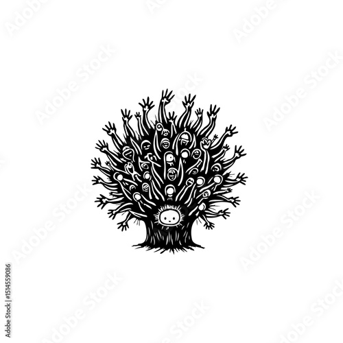 Creepy tree illustration with many faces reaching upwards, unsettling atmosphere