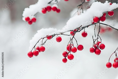 Bright red berries on snow-covered branches in winter with soft white background photo
