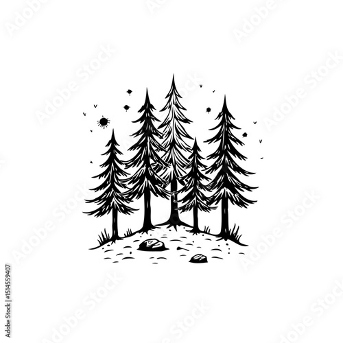 Minimalist black and white illustration of a pine forest landscape drawing